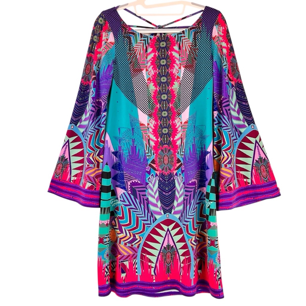 Hale Bob Flare Sleeve Dress Strappy Back Colorful Jewel Tones Boho Print Sz XS